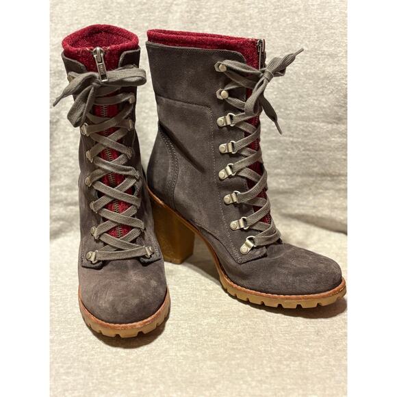 Ugg Australia Size 9 Fabrice Gray Leather Suede Lace Up High Heel Boots EUC - Picture 2 of 11